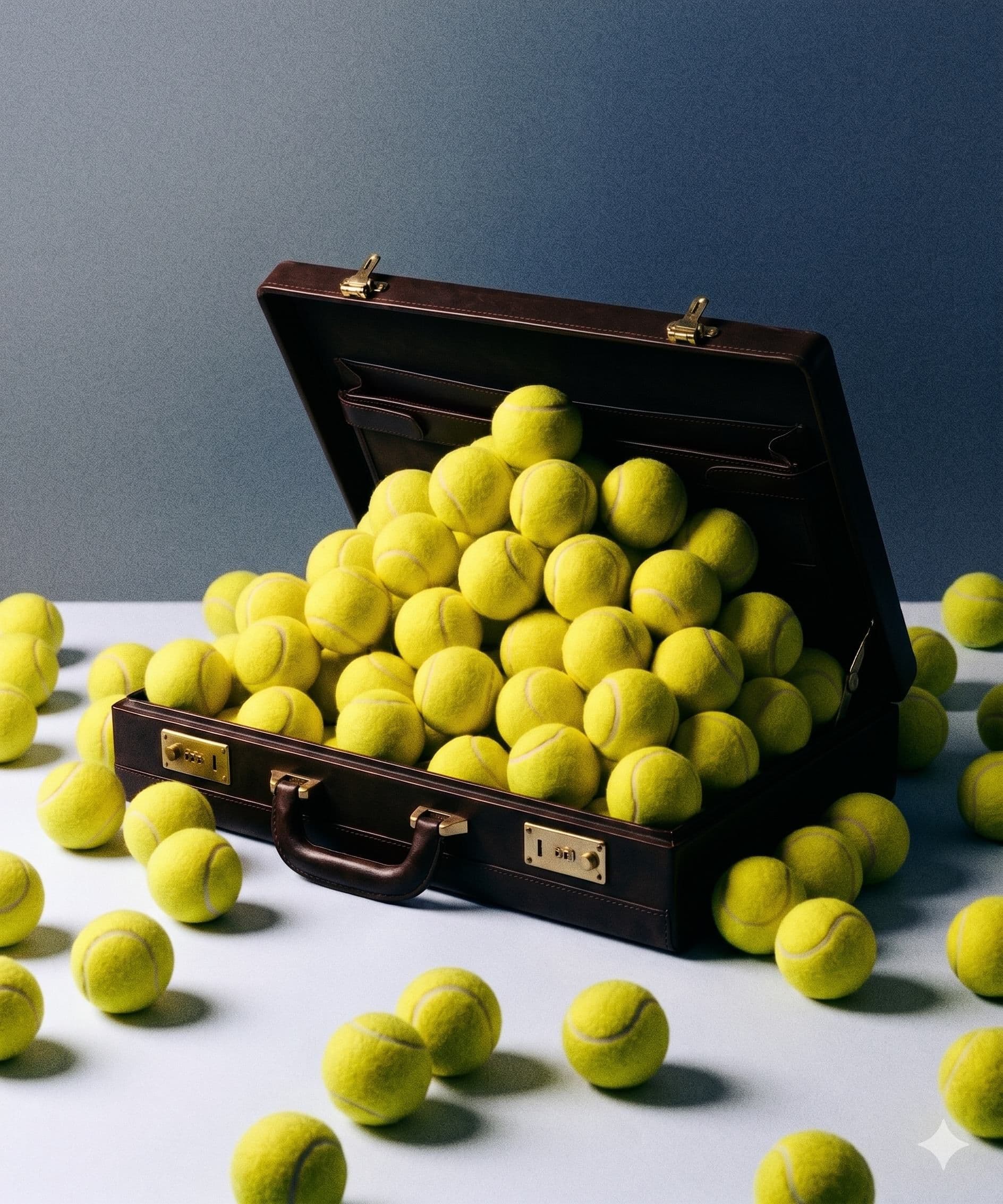 A leather briefcase lying open on a court, overflowing with tennis balls